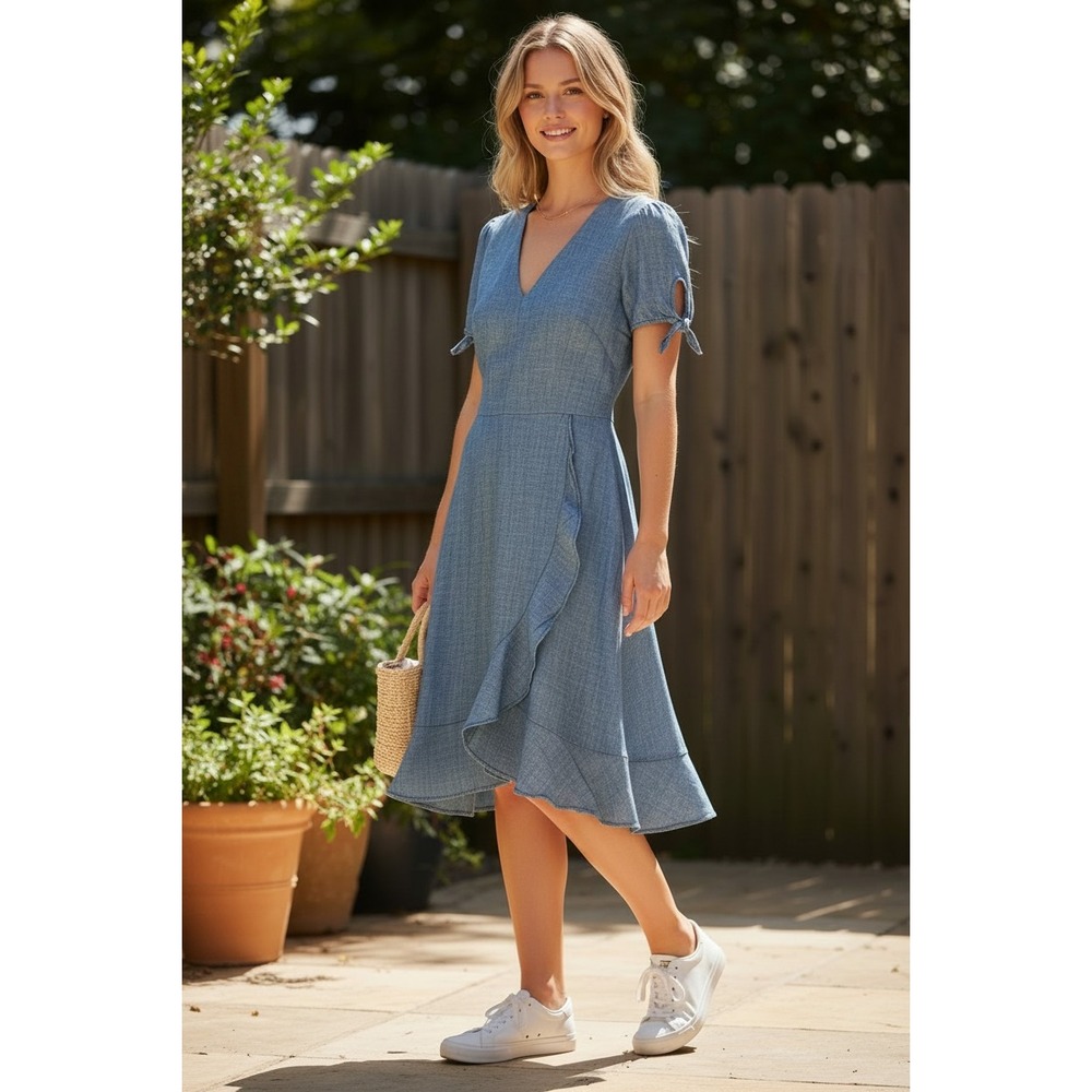 J.Crew Coquette Peasant Blue Chambray Ruffle Wrap Dress S 100% Cotton EUC $118